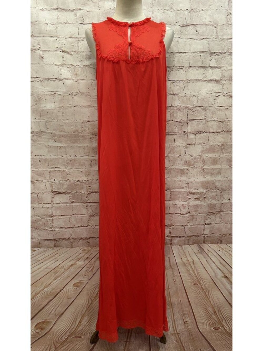 Gaymode Vintage JC Penneys Red Long Nightgown 100% Nylon Sleeveless Lace Size M
